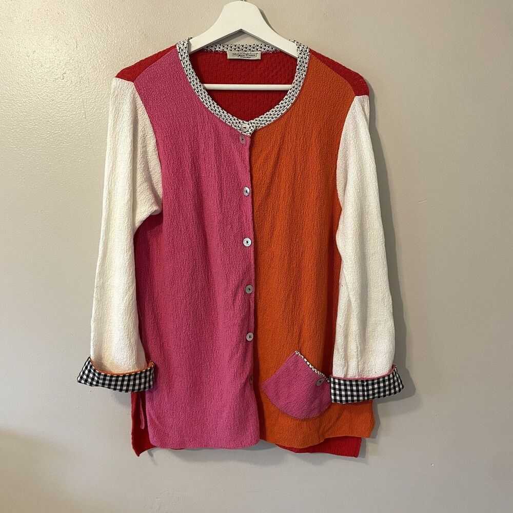Margaret Winters Colorful Colorblock Cardigan Sz M 100% Cotton Made In USA